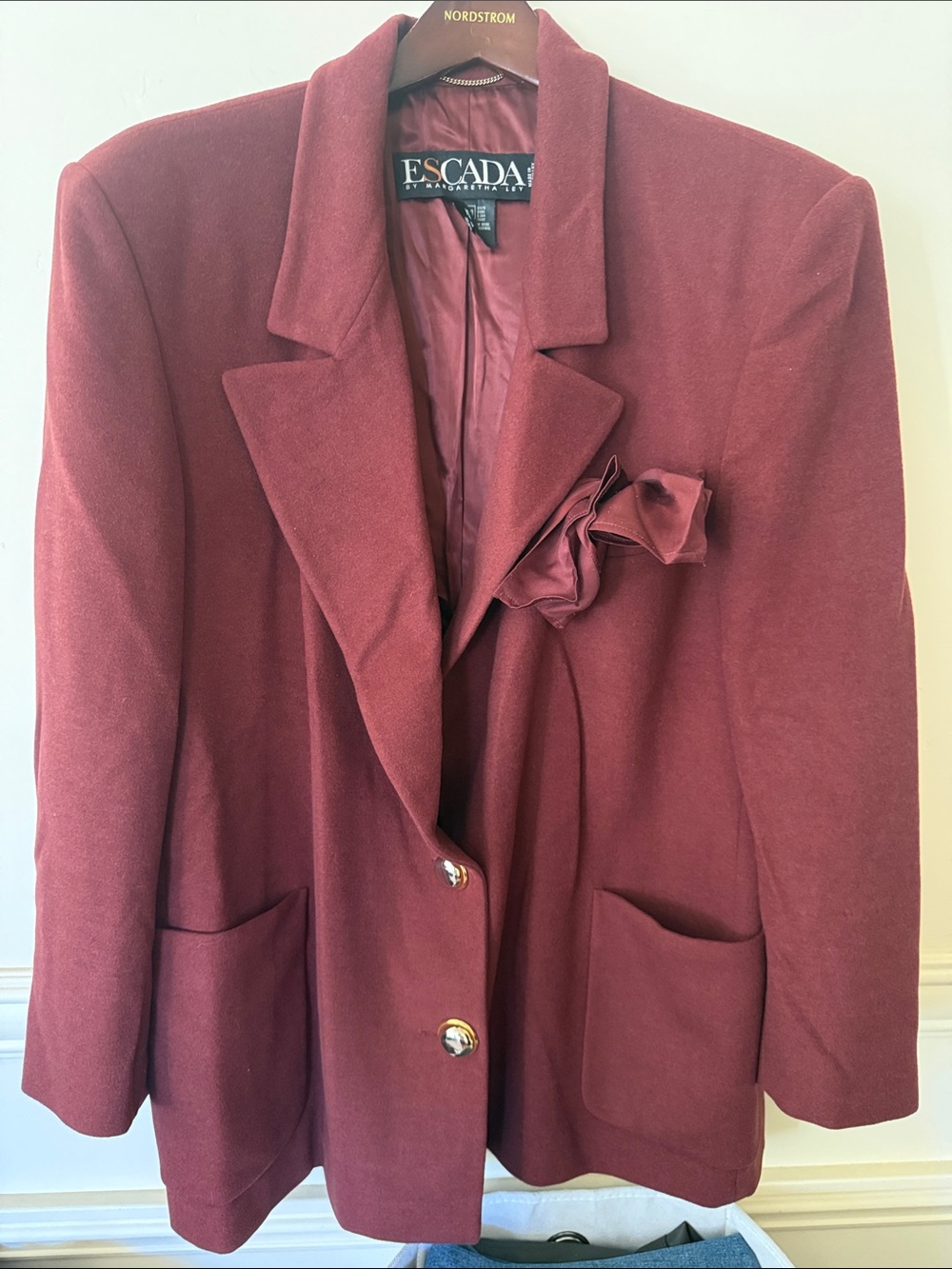 Vintage Escada Margaretha Ley Burgundy Wool Blazer Gold Buttons EU 42